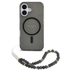 Guess MagSafe IML Glitter Case met beads strap iPhone 16 Pro - Black