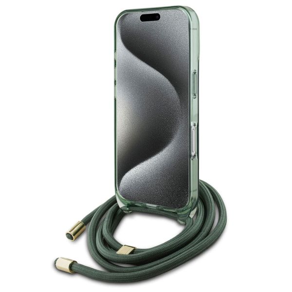 Guess MagSafe IML Backcover met crossbody cord iPhone 16 - Groen