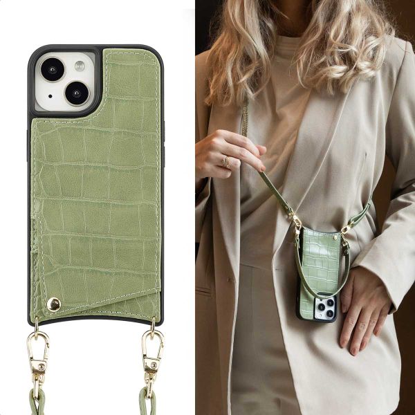 Selencia Nova Croco Backcover met koord en pashouder iPhone 15 - Sage Green