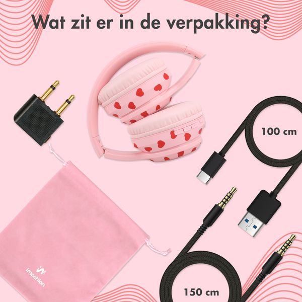 imoshion Draadloze Kinderkoptelefoon LED Light - Decibelbegrenzer - Met AUX kabel - Hartjes