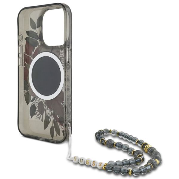 Guess MagSafe IML Flowers Case met beads strap Apple iPhone 15 Pro Max - Zwart