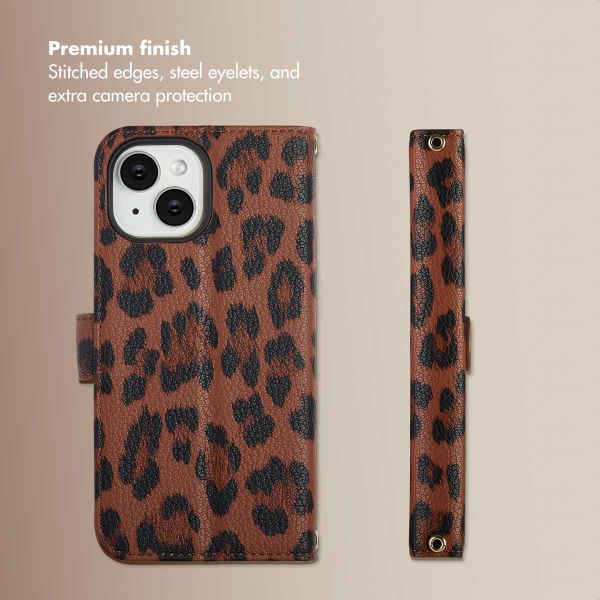 Selencia Sabi Bookcase with Leopard Print Apple iPhone 15 - Mocha Brown