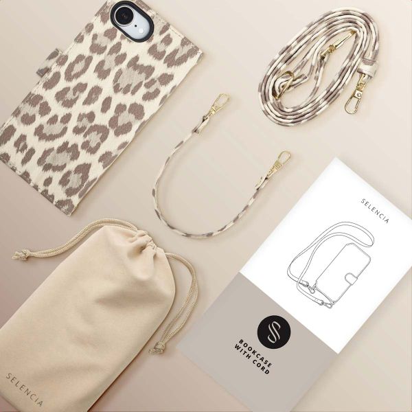 Selencia Sabi Bookcase with Leopard Print Apple iPhone 17e / 16e - Soft Ivory