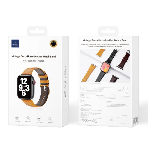 WiWu Vintage lederen band Apple Watch Series 1 t/m 9 / SE (38/40/41 mm) | Series 10 / 11 (42 mm) - Lichtbruin