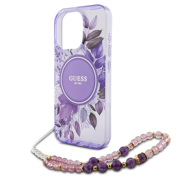 Guess MagSafe IML Flowers Case met beads strap Apple iPhone 16 Pro Max - Purple