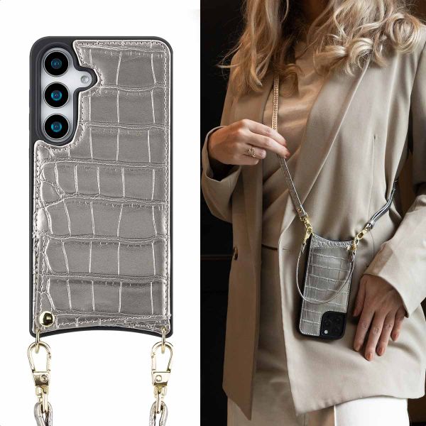 Selencia Nova Croco Backcover met koord en pashouder Samsung Galaxy S25 - Silver