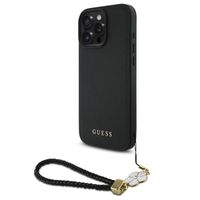 Guess Grained Backcover MagSafe met Flower Charm Strap Apple iPhone 16 Pro - Zwart