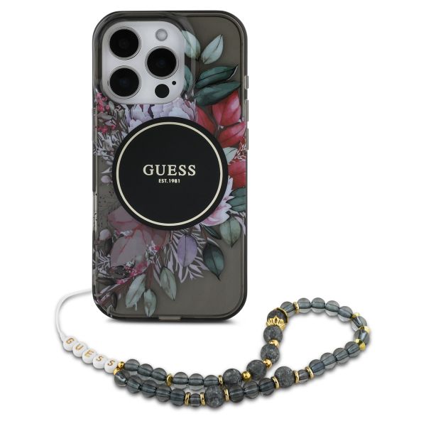 Guess MagSafe IML Flowers Case met beads strap iPhone 15 Pro - Black