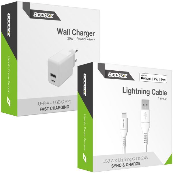 Accezz Wall Charger met Lightning naar USB-A kabel - Oplader - MFi certificering - 20 Watt - 1 meter - Wit