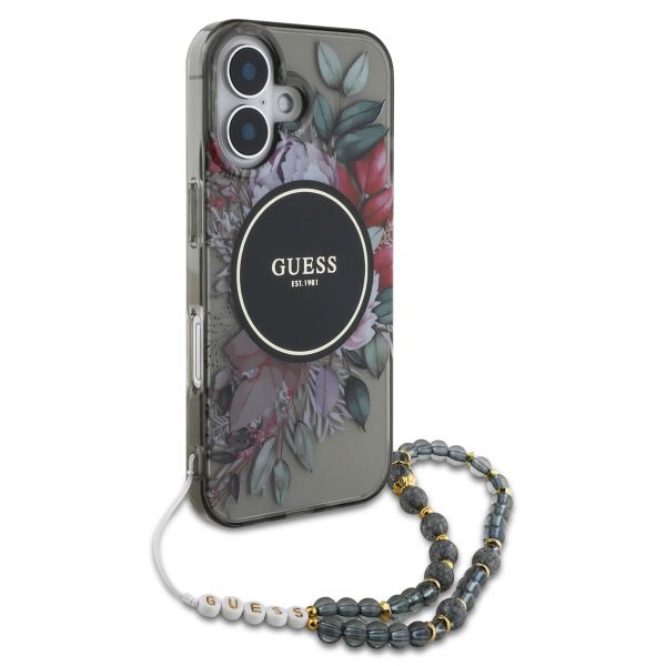 Guess MagSafe IML Flowers Case met beads strap Apple iPhone 16 - Zwart