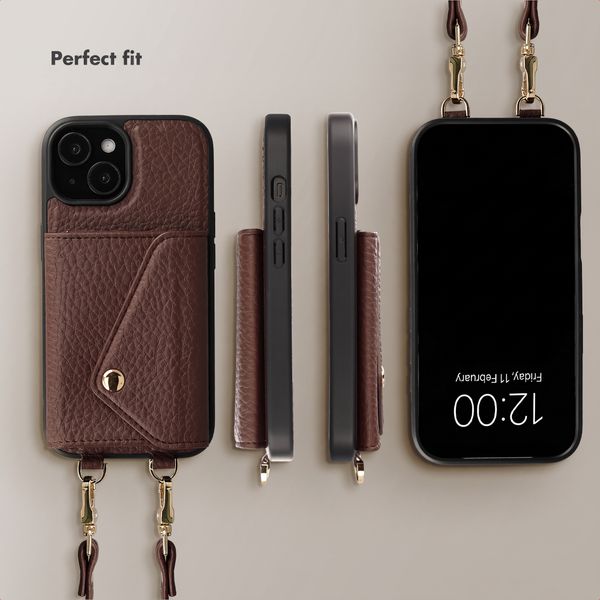 Selencia Sera Phone Case with Cord and Envelope Card Holder Apple iPhone 15 - Chocolate Brown