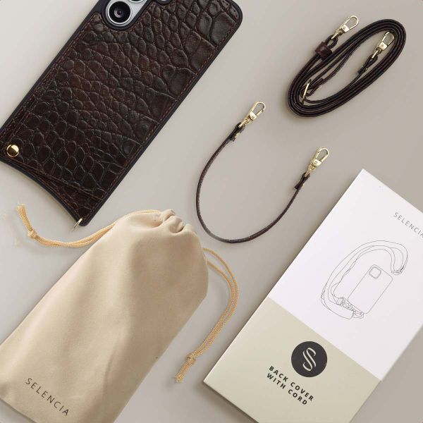 Selencia Nova Croco Telefoonhoes met Koord en Pashouder Samsung Galaxy S25 FE - Choco Brown