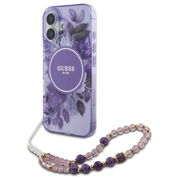 Guess MagSafe IML Flowers Case met beads strap Apple iPhone 16 - Purple