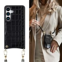 Selencia Nova Croco Telefoonhoes met Koord en Pashouder Samsung Galaxy S25 - Zwart