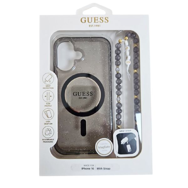 Guess MagSafe IML Glitter Case met beads strap Apple iPhone 16 - Zwart