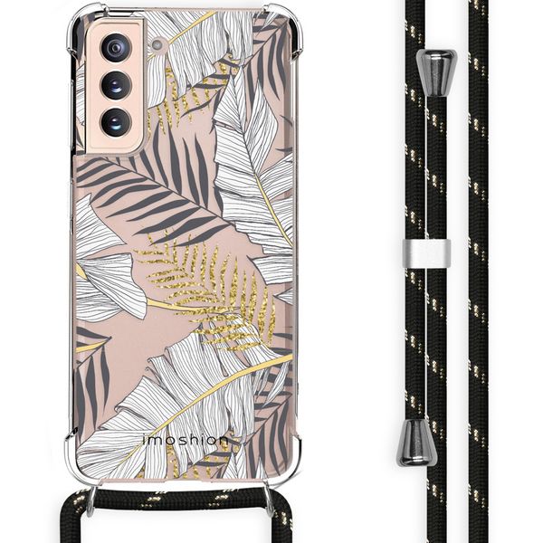 imoshion Design hoesje met koord Samsung Galaxy S21 - Bladeren - Zwart / Goud