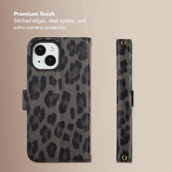 Selencia Sabi Bookcase with Leopard Print Apple iPhone 15 - Midnight Black