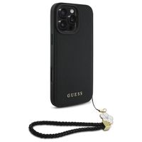 Guess Grained Backcover MagSafe met Flower Charm Strap iPhone 16 Pro - Zwart