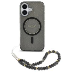 Guess MagSafe IML Glitter Case met beads strap Apple iPhone 16 - Zwart