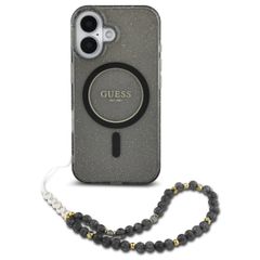 Guess MagSafe IML Glitter Case met beads strap iPhone 16 - Black