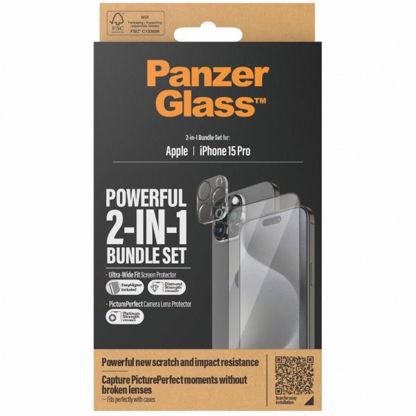 PanzerGlass 2 in 1 pack - Ultra-Wide Fit Anti-Bacterial Screenprotector incl. applicator + Camera Protector iPhone 15 Pro