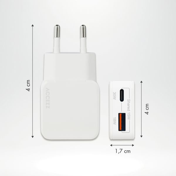 Accezz Ultra Slim GaN Oplader - USB-C + USB-A - 30W - Wit