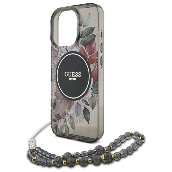 Guess MagSafe IML Flowers Case met beads strap Apple iPhone 15 Pro Max - Zwart