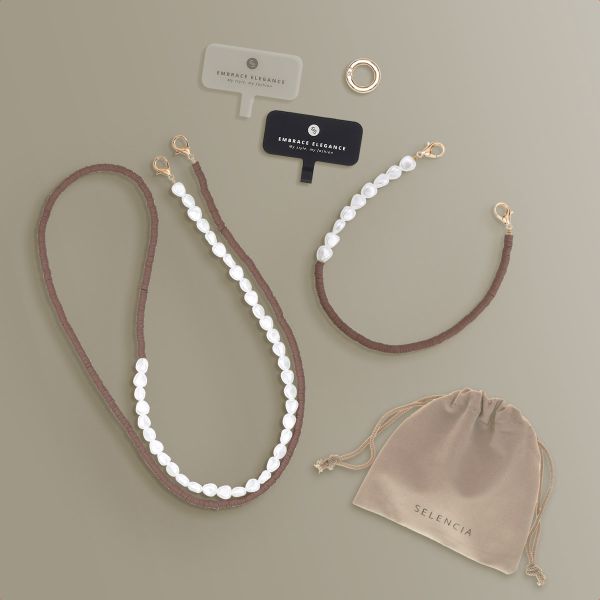 Selencia Telefoonkoorden set met Parels en Elastiekjes - Mocha Brown