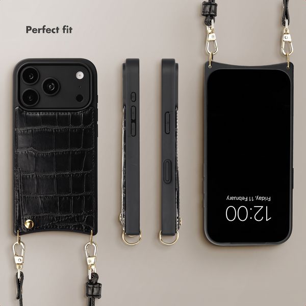 Selencia Nova Croco Phone Case with Cord and Card Holder Apple iPhone 18 Pro Max / 17 Pro Max - Black