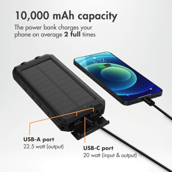 imoshion Solar Powerbank 10,000 mAh - Solar-Powered Wireless Powerbank - Quick Charge and Power Delivery - Black