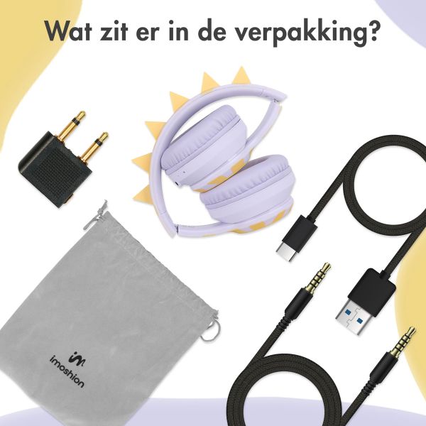 imoshion Draadloze Kinderkoptelefoon Dino LED Light - Decibelbegrenzer - Met AUX kabel - Lavender Lilac / Yellow