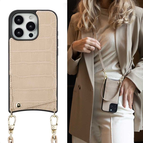 Selencia Nova Croco Backcover met koord en pashouder iPhone 16 Pro - Beige