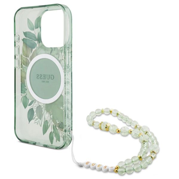 Guess MagSafe IML Flowers Case met beads strap iPhone 15 - Green