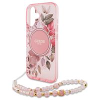 Guess MagSafe IML Flowers Case met beads strap iPhone 16 - Pink