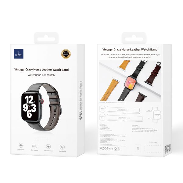 WiWu Vintage lederen band Apple Watch Series 1 t/m 11 / SE / Ultra (44/45/46/49 mm) - Zwart