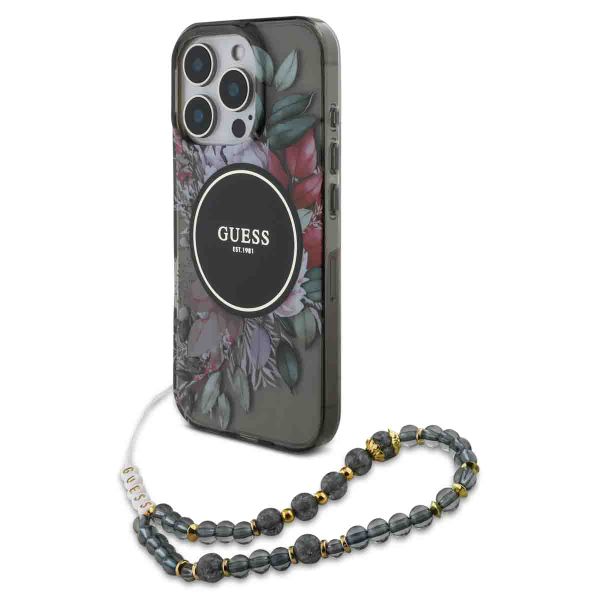 Guess MagSafe IML Flowers Case met beads strap iPhone 15 Pro - Black