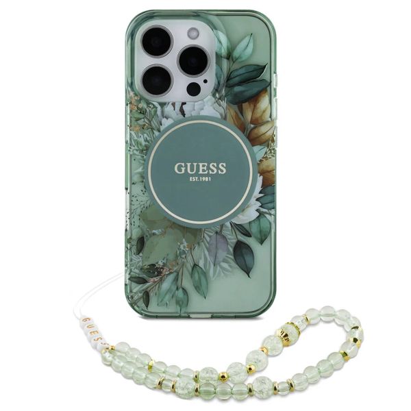 Guess MagSafe IML Flowers Case met beads strap iPhone 15 - Green