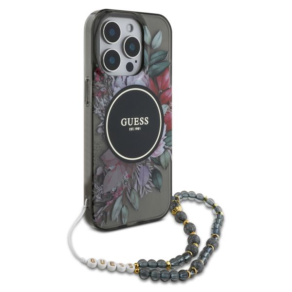 Guess MagSafe IML Flowers Case met beads strap iPhone 15 Pro - Black