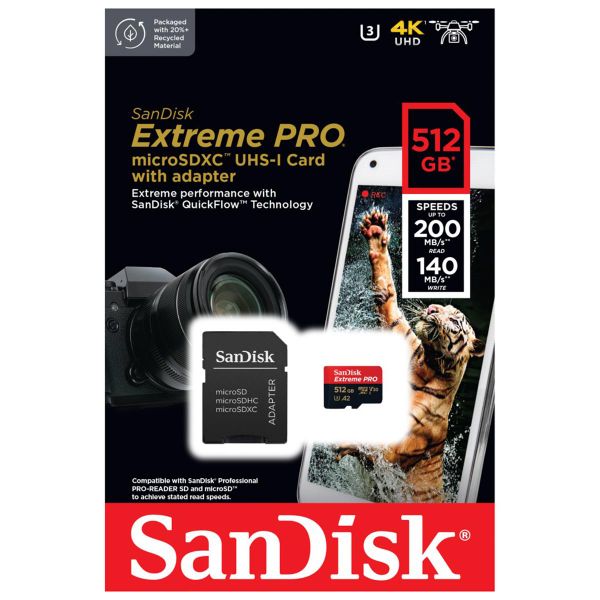 SanDisk microSD Extreme PRO - 512GB - Inclusief SD adapter en RescuePro Deluxe - UHS-I/U3/Full HD/4K UHD