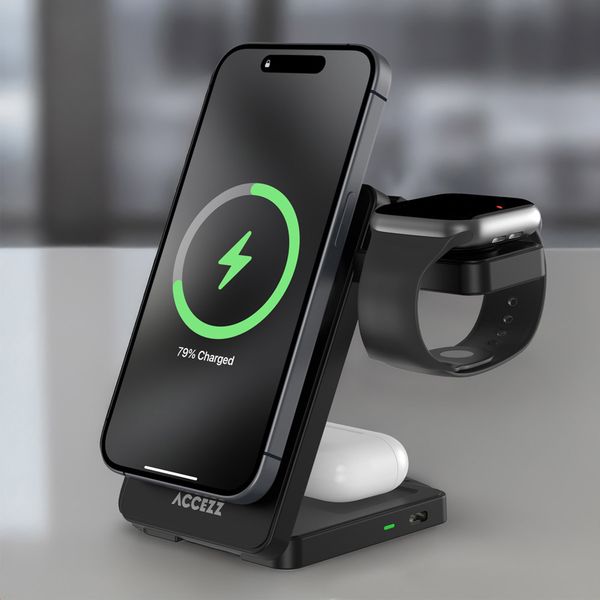 Accezz 3-in-1 Opvouwbare Draadloze MagSafe Oplader - 20W - Zwart