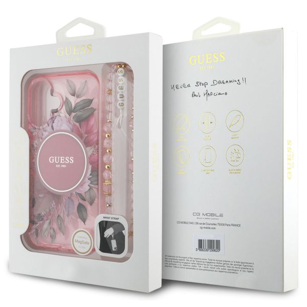 Guess MagSafe IML Flowers Case met beads strap Apple iPhone 16 - Pink