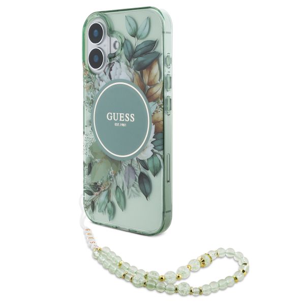 Guess MagSafe IML Flowers Case met beads strap Apple iPhone 16 - Green