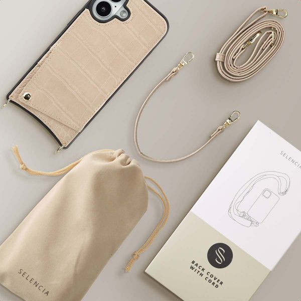 Selencia Nova Croco Phone Case with Cord and Card Holder Apple iPhone 16 - Beige