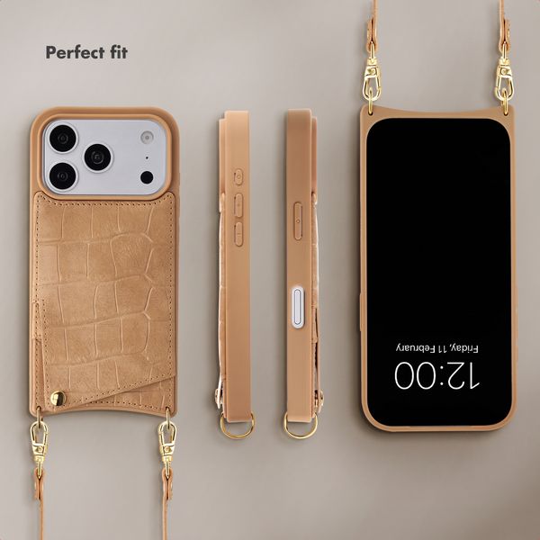 Selencia Nova Croco Phone Case with Cord and Card Holder Apple iPhone 18 Pro Max / 17 Pro Max - Toasted Almond