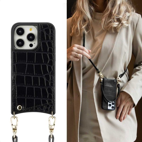 Selencia Nova Croco Telefoonhoes met Koord en Pashouder Apple iPhone 14 Pro - Zwart