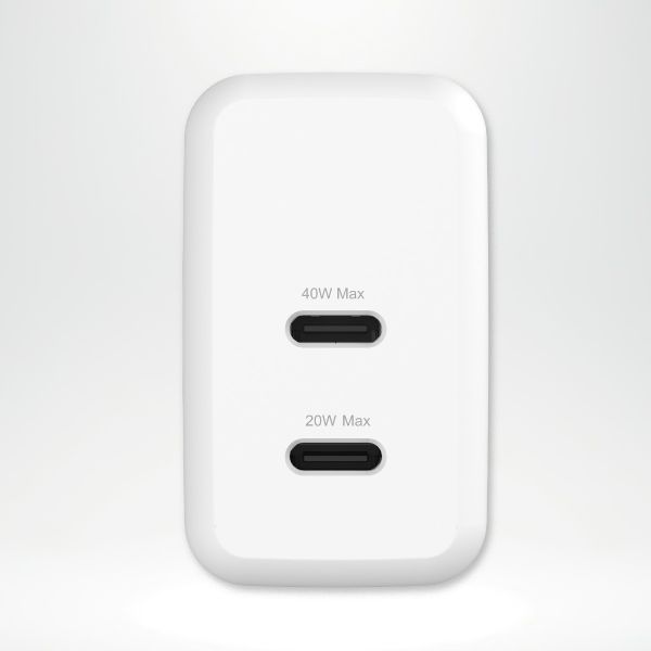 imoshion Oplader - 2x USB-C 40W + Braided USB-C naar USB-C kabel 60W - 1 meter - Wit