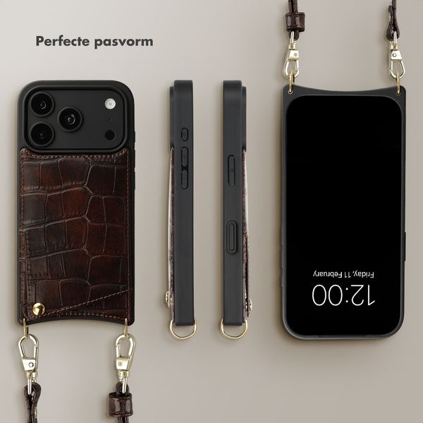 Selencia Nova Croco Telefoonhoes met Koord en Pashouder Apple iPhone 18 Pro Max / 17 Pro Max - Choco Brown