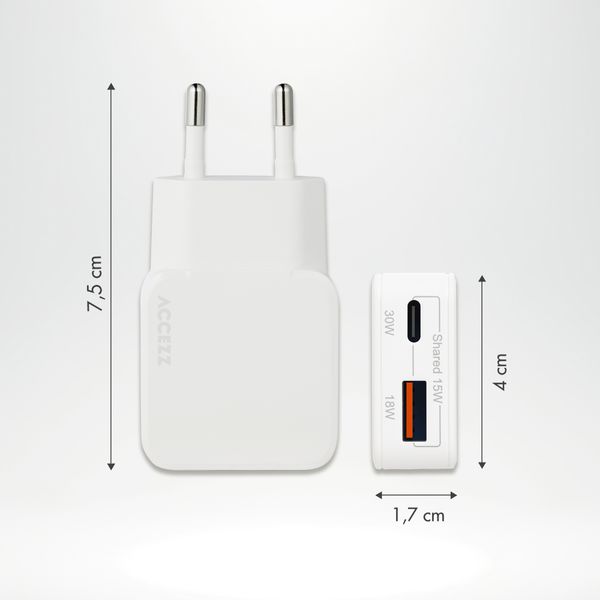 Accezz Ultra Slim GaN Oplader - USB-C + USB-A - 30W - Wit