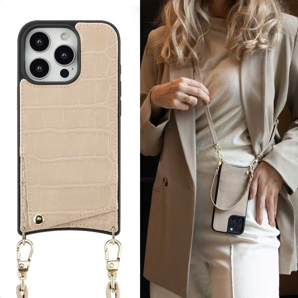 Selencia Nova Croco Phone Case with Cord and Card Holder Apple iPhone 16 Pro - Beige
