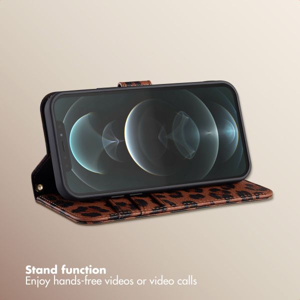 Selencia Sabi Bookcase with Leopard Print Apple iPhone 12 (Pro) - Mocha Brown